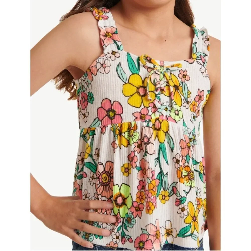 Justice Girl's Ruffle Strap Flowy, Knit Lace Up Babydoll & Bandana Top 16 XLP